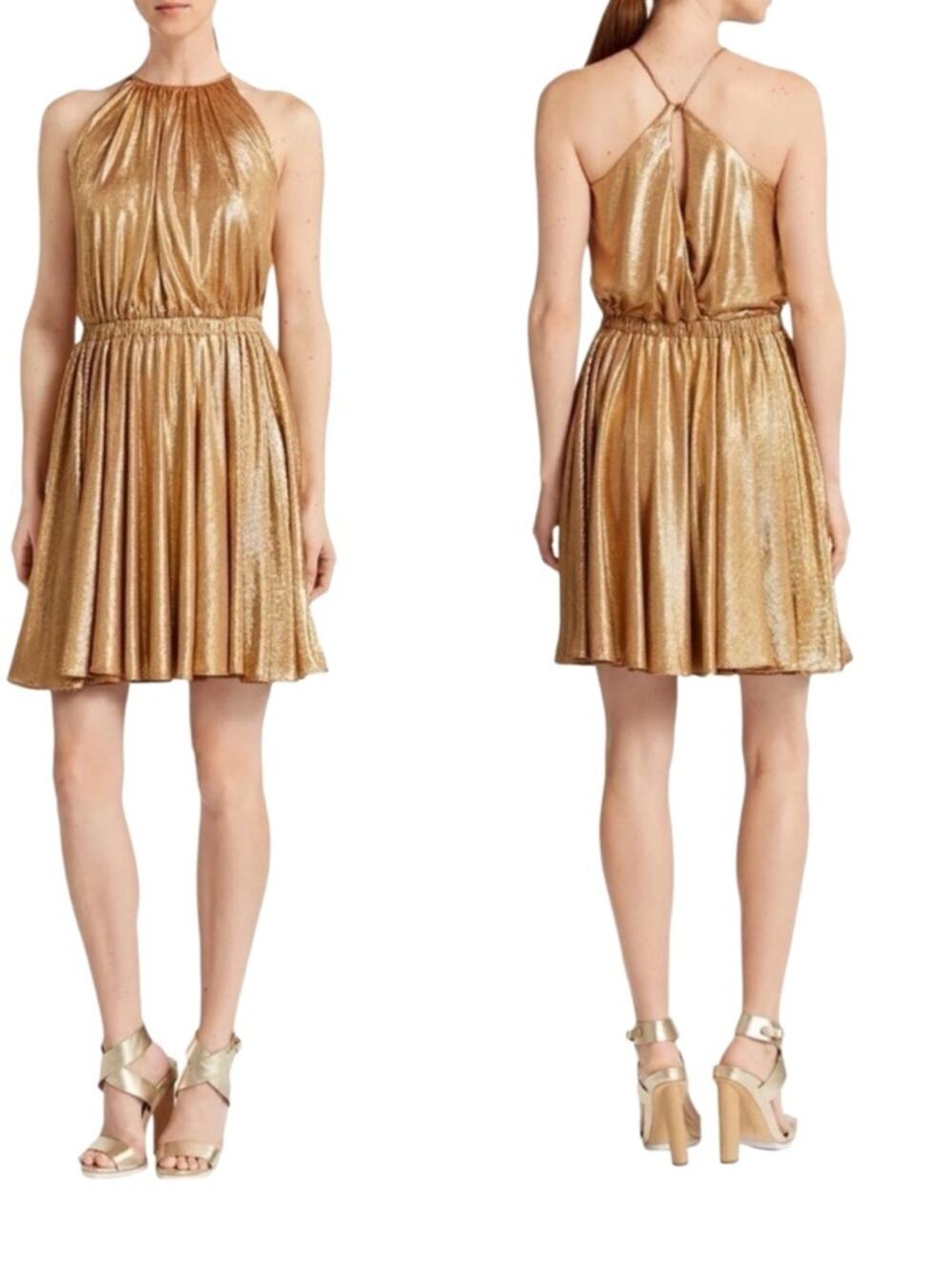 Halston Heritage Metallic Gold Textured Racerback Dress Size XS